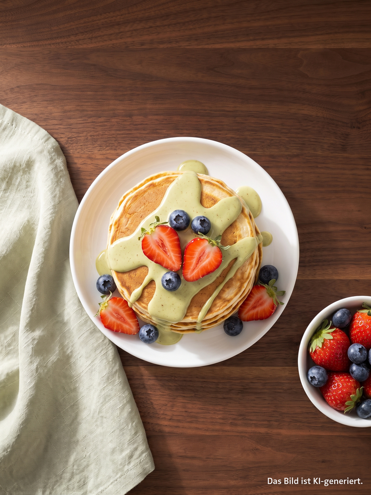 Protein Pancakes mit cremigem Topping, Erdbeeren und Blaubeeren auf einem Teller angerichtet.