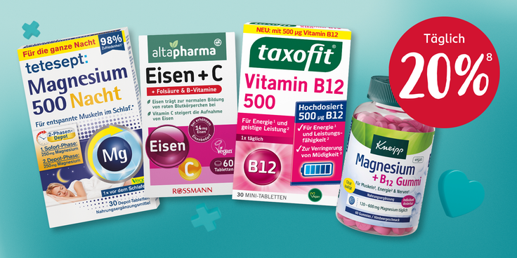 Abgebildet sind Beispielprodukte für die Aktion "20 % auf Vitamin- und Mineralstoff-Produkte" auf blauem Hintergrund