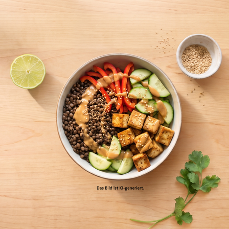 Linsen Tofu Bowl mit Linsen, gebratenem Tofu, Gurke, roter Paprika, Sesam und cremiger Soße auf hellem Holztisch.
