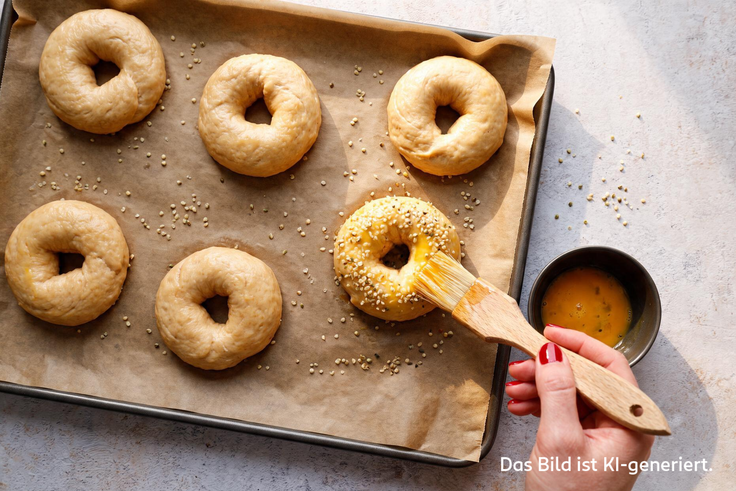 Protein Bagel mit Hanfsamen werden auf einem Backblech mit Eigelb bestrichen und mit Hanfsamen bestreut.