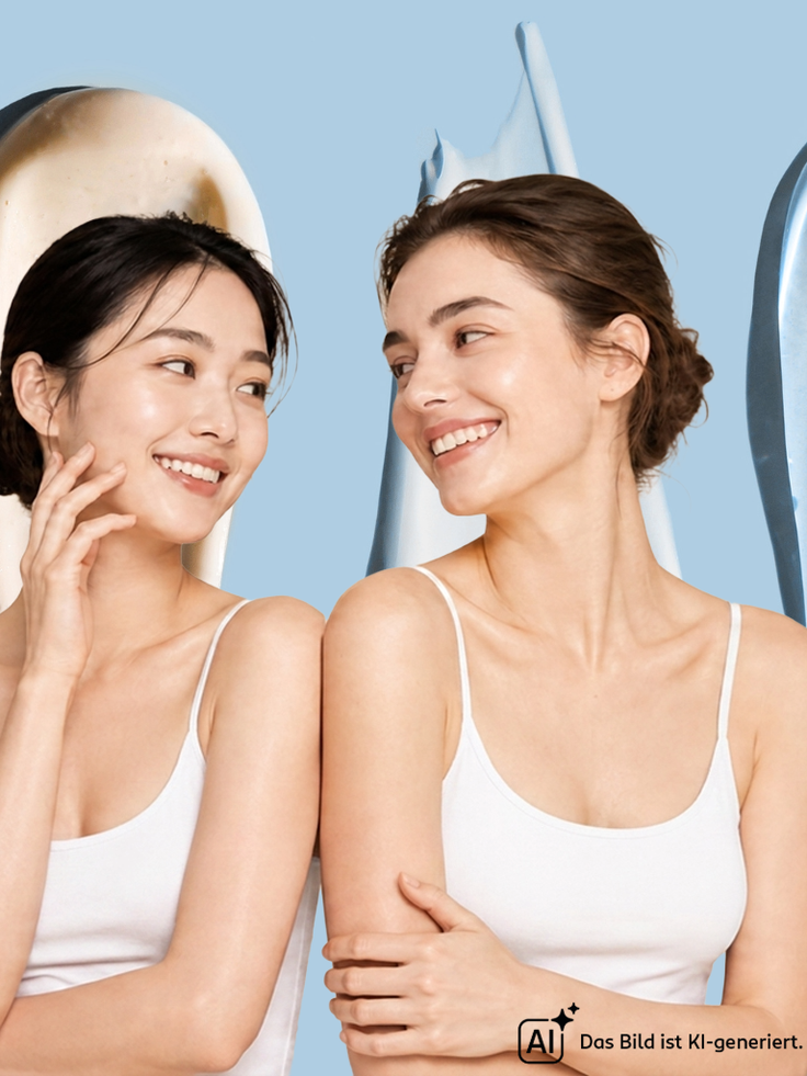 Zwei Frauen mit natürlichem Make-up und gepflegter Haut als Symbol für J-Beauty und minimalistische Hautpflege