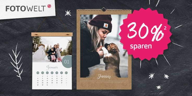 Zwei Wandkalender mit winterlichem Motiv und der Hinweis 30 % zu sparen.