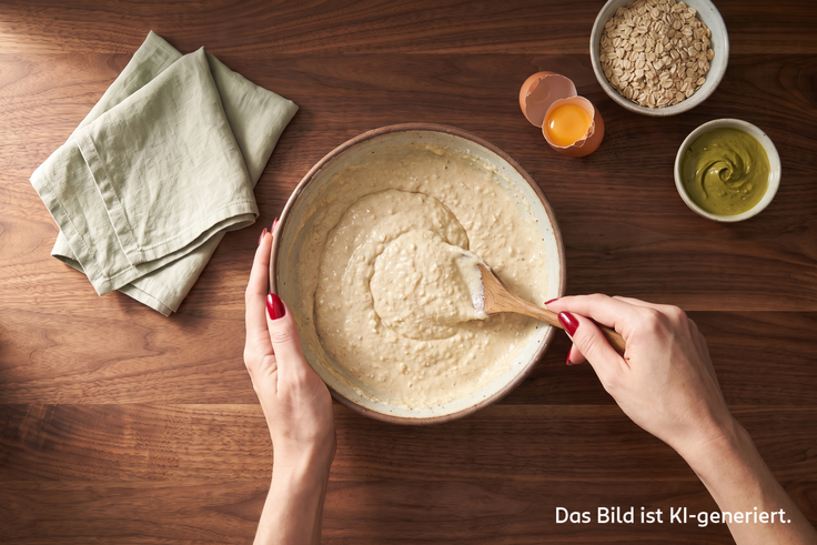 Teig für Protein Pancakes wird in einer Schüssel auf einem dunklen Holztisch glatt gerührt, daneben liegen ein grünes Küchentuch, Haferflocken, Eigelb und eine grüne Creme.