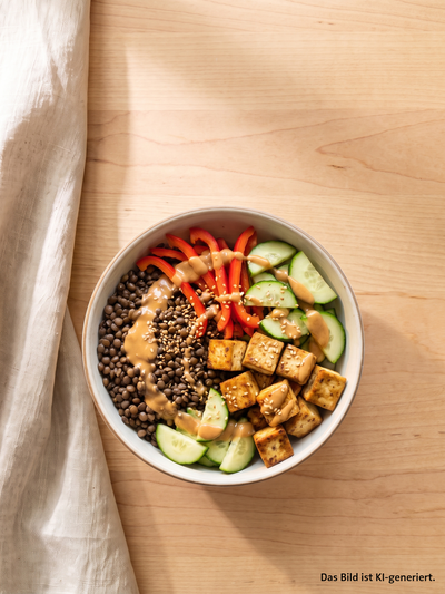 Linsen Tofu Bowl mit Linsen, gebratenem Tofu, Gurke, roter Paprika, Sesam und cremiger Soße auf hellem Holztisch.