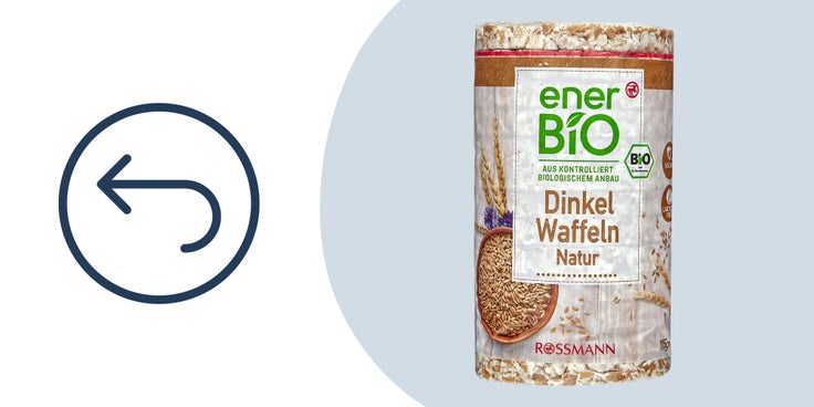 Abgebildet ist eine Packung enerBiO Dinkel Waffeln, die zurückgerufen werden.