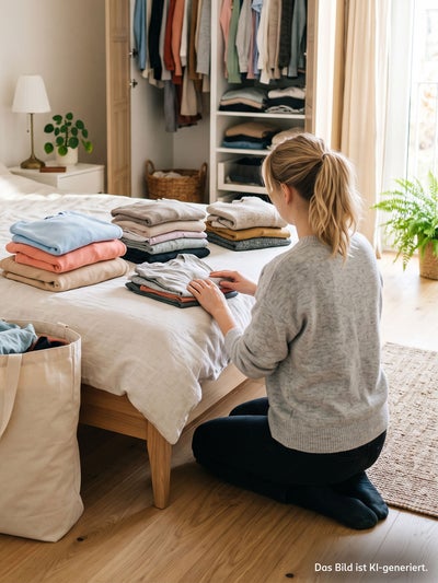 Eine Frau kniet vor einem Bett und faltet Kleidung. Auf dem Bett liegen mehrere ordentlich sortierte Stapel, im Hintergrund ist ein offener Kleiderschrank zu sehen.