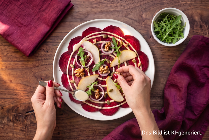 Schritt 4 des Rote-Bete-Carpaccio-Rezepts: Tahin-Dressing wird über das Carpaccio geträufelt und mit Birne, Rucola, Walnüssen und Kürbiskernen fertig angerichtet.