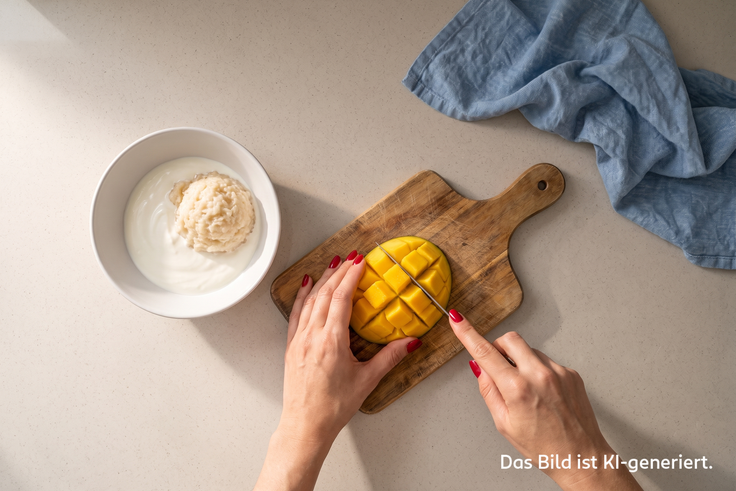 Mango wird für Kokos Mango Sticky Rice auf einem Holzbrett in Würfel geschnitten, daneben steht eine Schale mit Kokosreis.