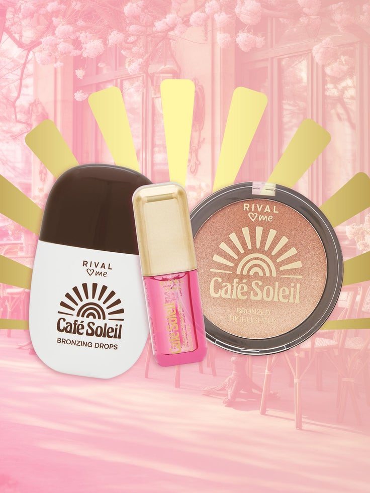 Rival me Café Soleil Bronzing Drops, pinker Lipgloss und Bronzed Highlighter vor rosafarbenem Café-Hintergrund mit gelben Sonnenstrahlen