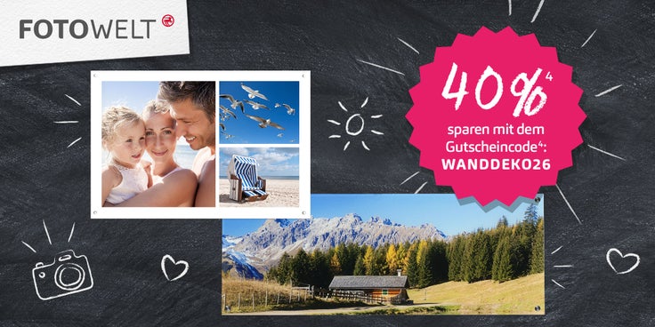 Beispielhafte gestaltete Wanddeko mit Fotos und der Hinweis 40 % zu sparen