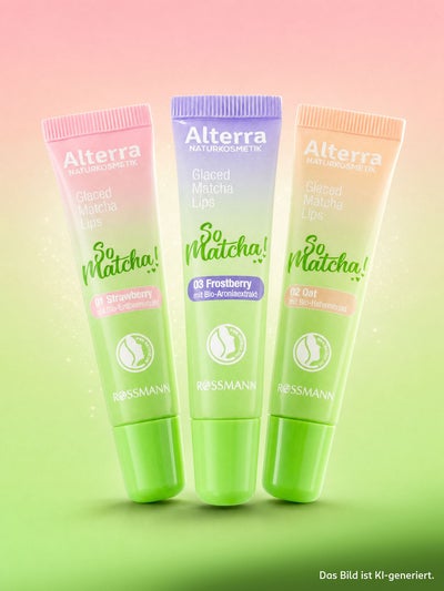 Drei Alterra Naturkosmetik Glaced Matcha Lips Lippenpflegeprodukte in den Sorten Strawberry, Frostberry und Oat