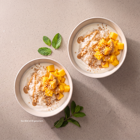 Kokos Mango Sticky Rice mit Mangowürfeln, Kokoscreme, Sesam und Minze in zwei Schalen; Hinweis im Bild: Das Bild ist KI-generiert.