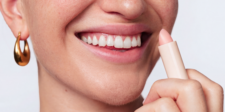 Lächelnde Person hält einen Treat & Tint Lippenbalsam-Stick an die Lippen und zeigt gepflegte, natürlich getönte Lippenpflege.