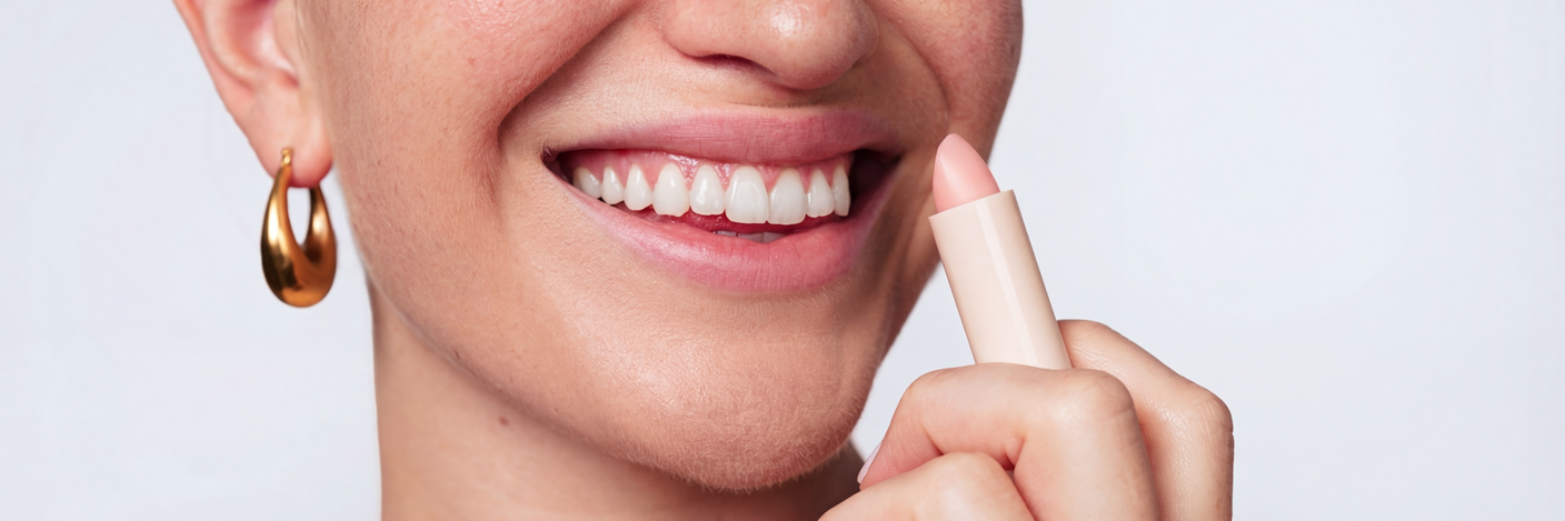 Lächelnde Person hält einen Treat & Tint Lippenbalsam-Stick an die Lippen und zeigt gepflegte, natürlich getönte Lippenpflege.