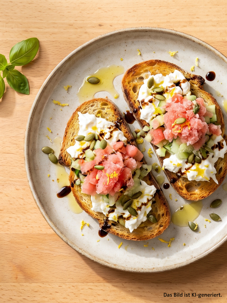 Burrata Sommerbrot mit Melonen-Eis, Gurkenwürfeln, Kürbiskernen, Zitronenabrieb, Olivenöl und Balsamico-Creme auf geröstetem Sauerteigbrot auf einem Holzhintergrund.