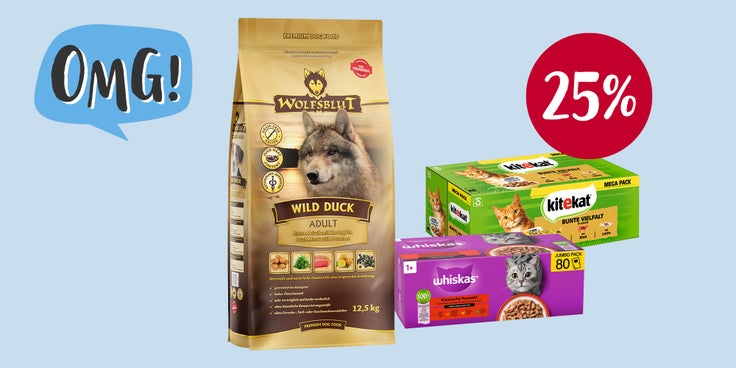Beispielhafte Tierfutter-Großpackungen und der HInweis  % zu sparen.