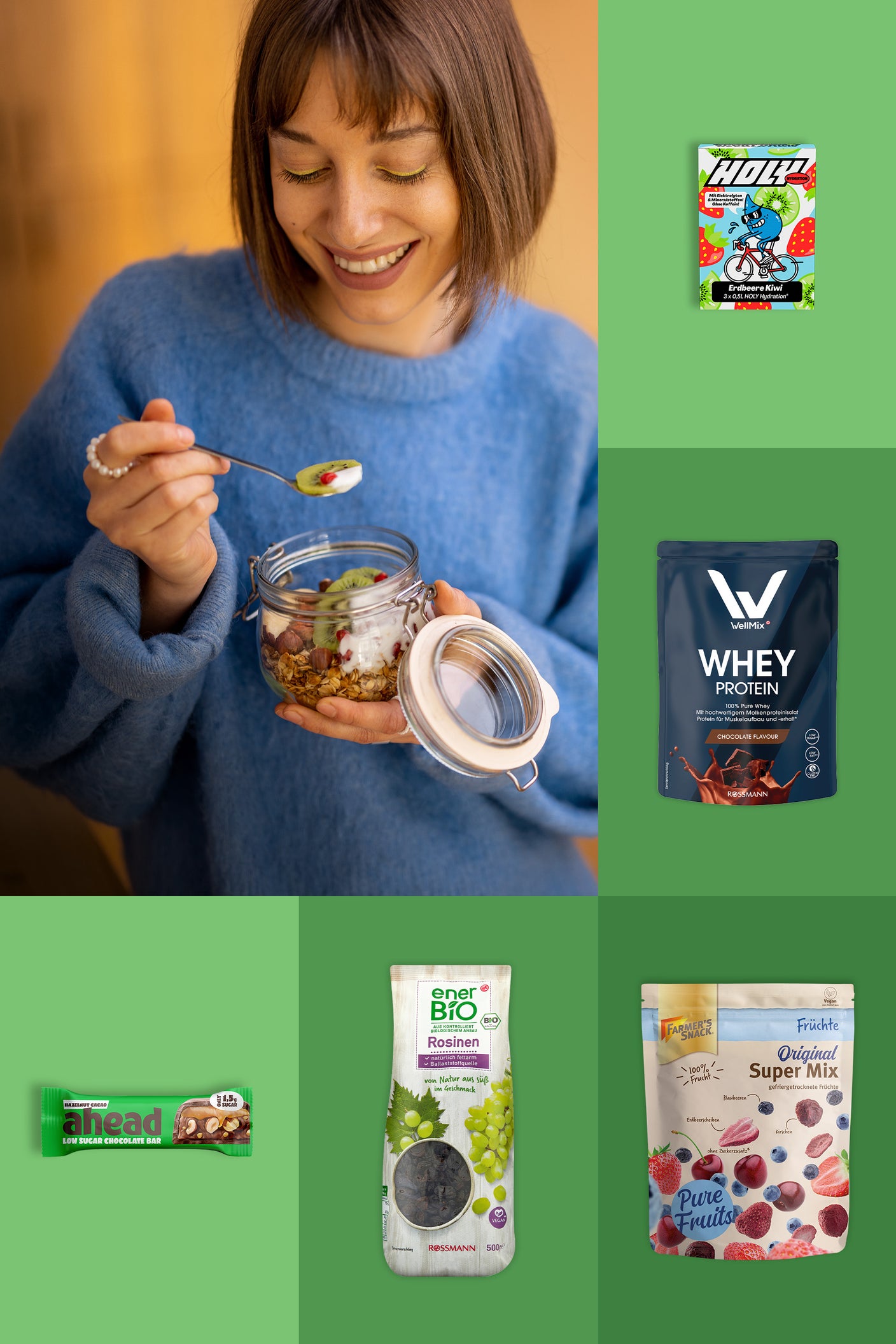 Frau mit Frühstücksmüsli sowie Auswahl an Snacks und Whey Protein für den APPklusiv Genuss-Deal
