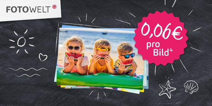 Beispielhafte Fotos mit sommerlichen Motiv und der Hinweis auf 0,06 € pro Bild.