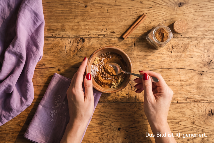 Hand verrührt Zimt und Gewürze mit Zucker in einer Holzschale als zweiter Schritt zur Zubereitung von Pumpkin Spice Popcorn, umgeben von Zimtstange und Gewürzglas auf Holztisch.
