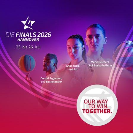 Die Finals 2026 in Hannover.  Drei Sportler auf einem Liladarbenden Hintergrund.