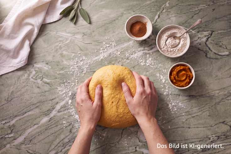 Schritt 2 des Kürbiszimtschnecken-Rezepts: Hände kneten den goldgelben Hefeteig mit Kürbispüree, umgeben von Schälchen mit Mehl und Gewürzen.