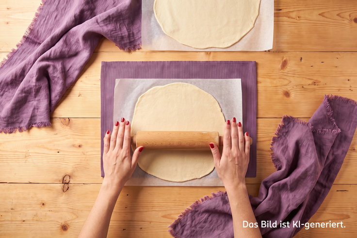 Schritt 2 des Flammkuchen-Rezepts: Hände rollen den Teig mit einem Nudelholz dünn auf Backpapier aus.