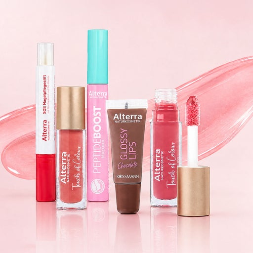 Auswahl an Alterra Naturkosmetik mit Lippenpflege, Lipgloss, Lippenöl, Nagelpflegestift und Glossy Lips in Rosé- und Brauntönen
