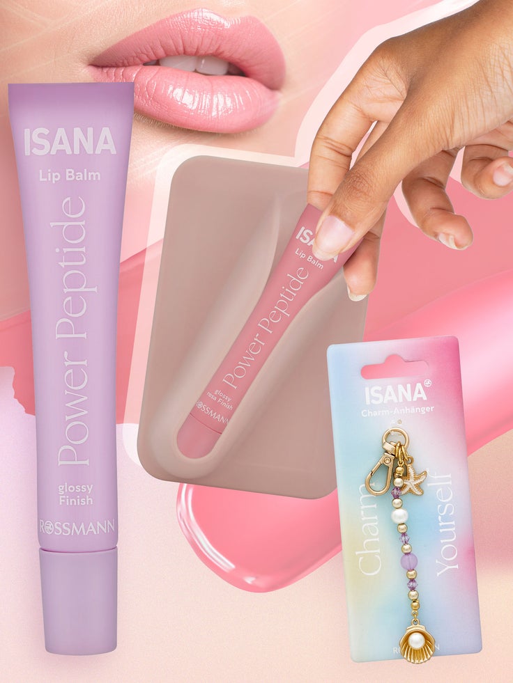 Collage zum ISANA Lip Balm: Beispielprodukte des ISANA Lip Balms, eine Hand, die ein Lip Balm Case hält, ein Accessoire und Lippen einer Frau.