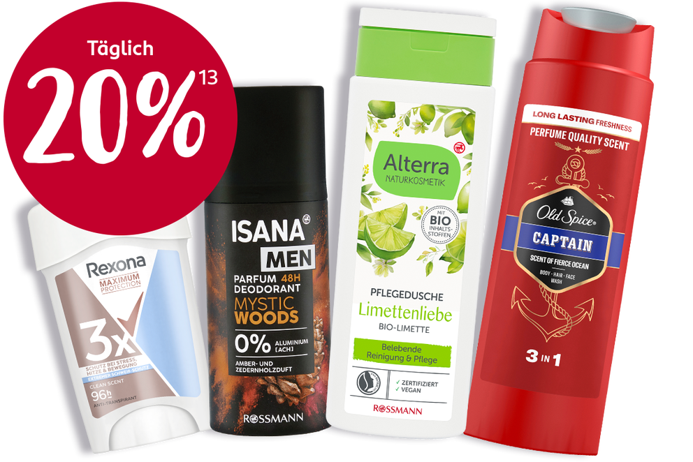 Abgebildet sind Beispielprodukte für die Aktion "Täglich 20 % auf Deos & Duschen"