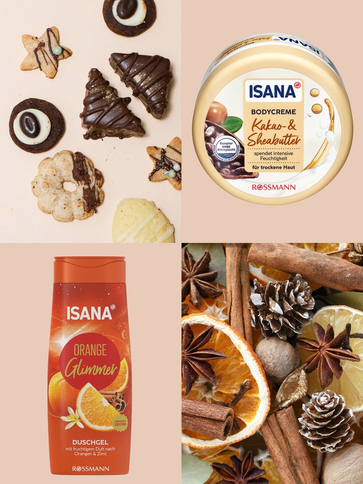 ISANA Bodycreme Kakao & Sheabutter und ISANA Duschgel Orange Glimmer (Limited Edition) vor Plätzchen, getrockneten Orangenscheiben, Zimtstangen und Sternanis – weihnachtlich duftende Pflegeprodukte.