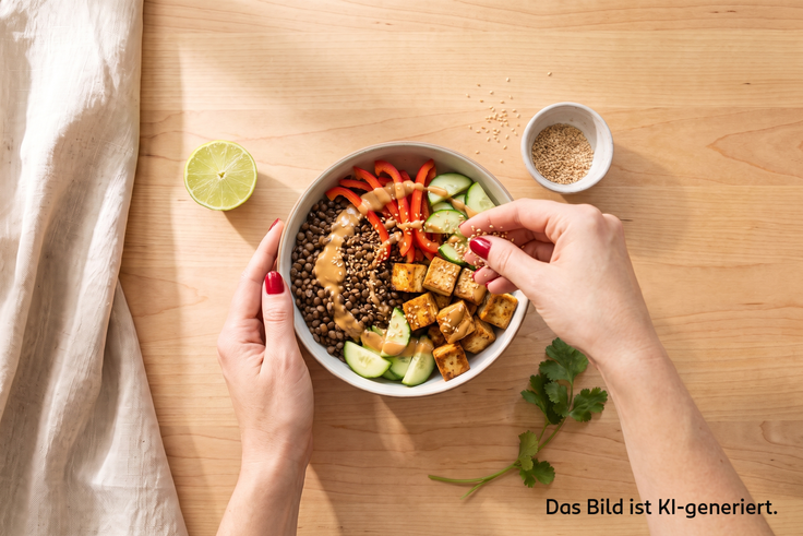 Linsen Tofu Bowl wird mit Erdnusssoße und Sesam getoppt, daneben liegen Limette, Kräuter und ein helles Küchentuch auf hellem Holztisch.
