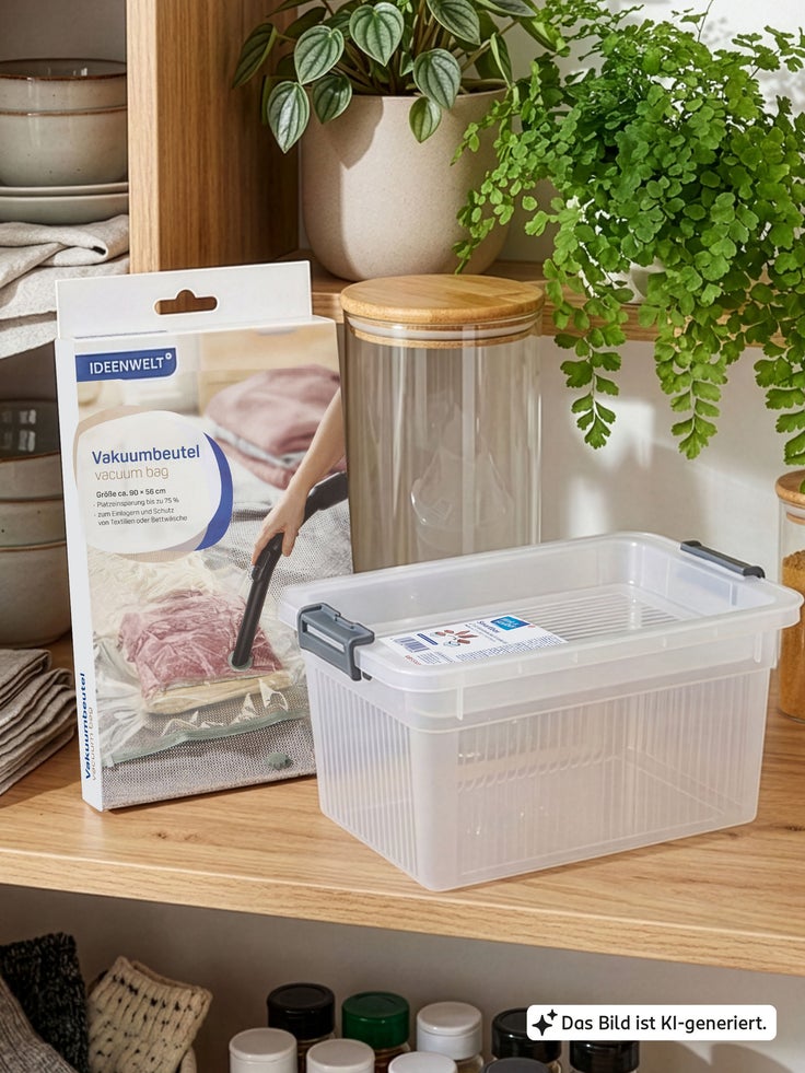 Vakuumbeutel und transparente Aufbewahrungsbox auf einem Holzregal, dekoriert mit Vorratsgläsern, Pflanzen und Haushaltsutensilien.