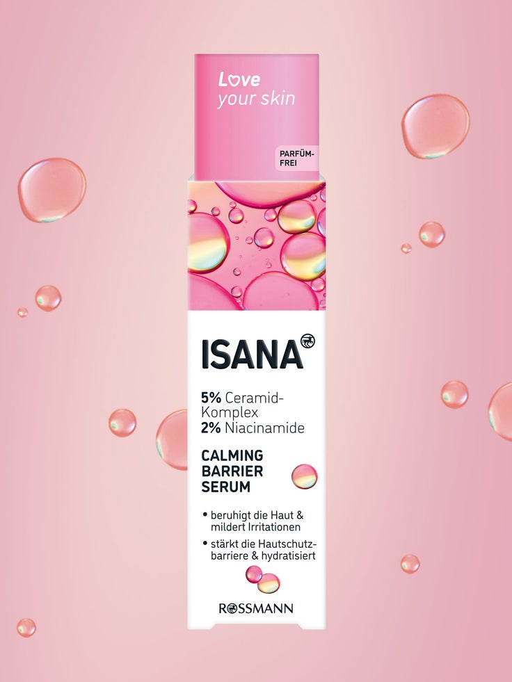Nahaufnahme des ISANA Calming Barrier Serums mit farbigem Hintergrund