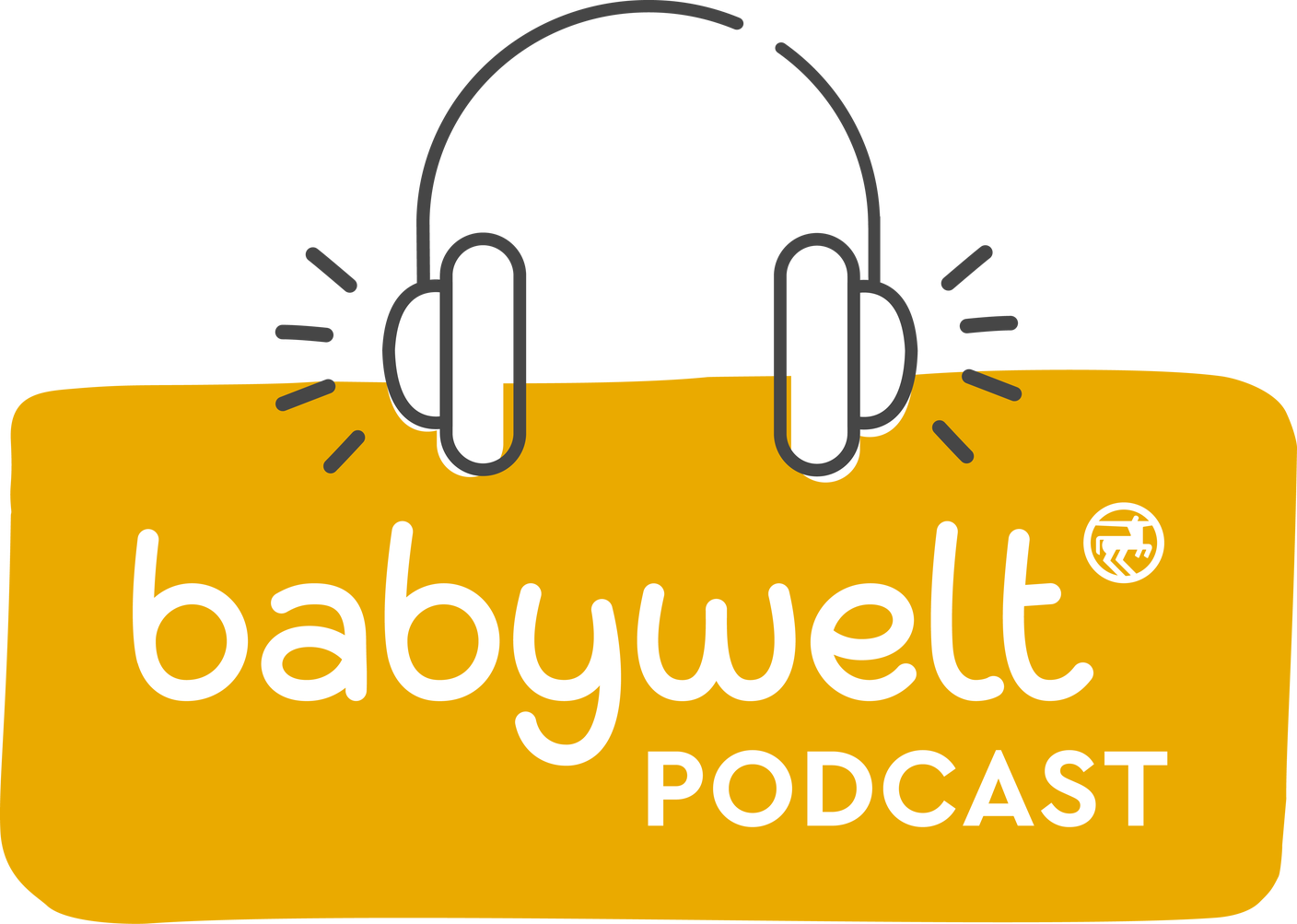 Logo des babywelt PODCAST mit Kopfhörer-Icon auf gelbem Hintergrund.