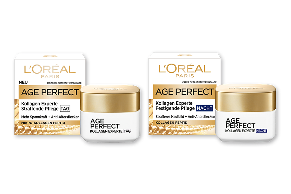 Abgebildet sind Beispielprodukte von L´Oréal Paris Age Perfect.