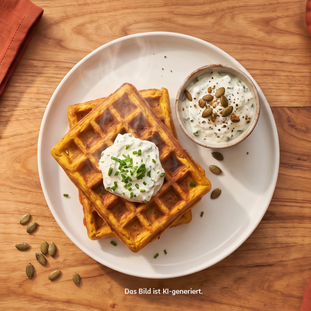 Herzhafte Kürbiswaffeln auf einem Teller mit Kräuterquark und Kürbiskernen, daneben Schälchen mit zusätzlichem Kräuterquark.