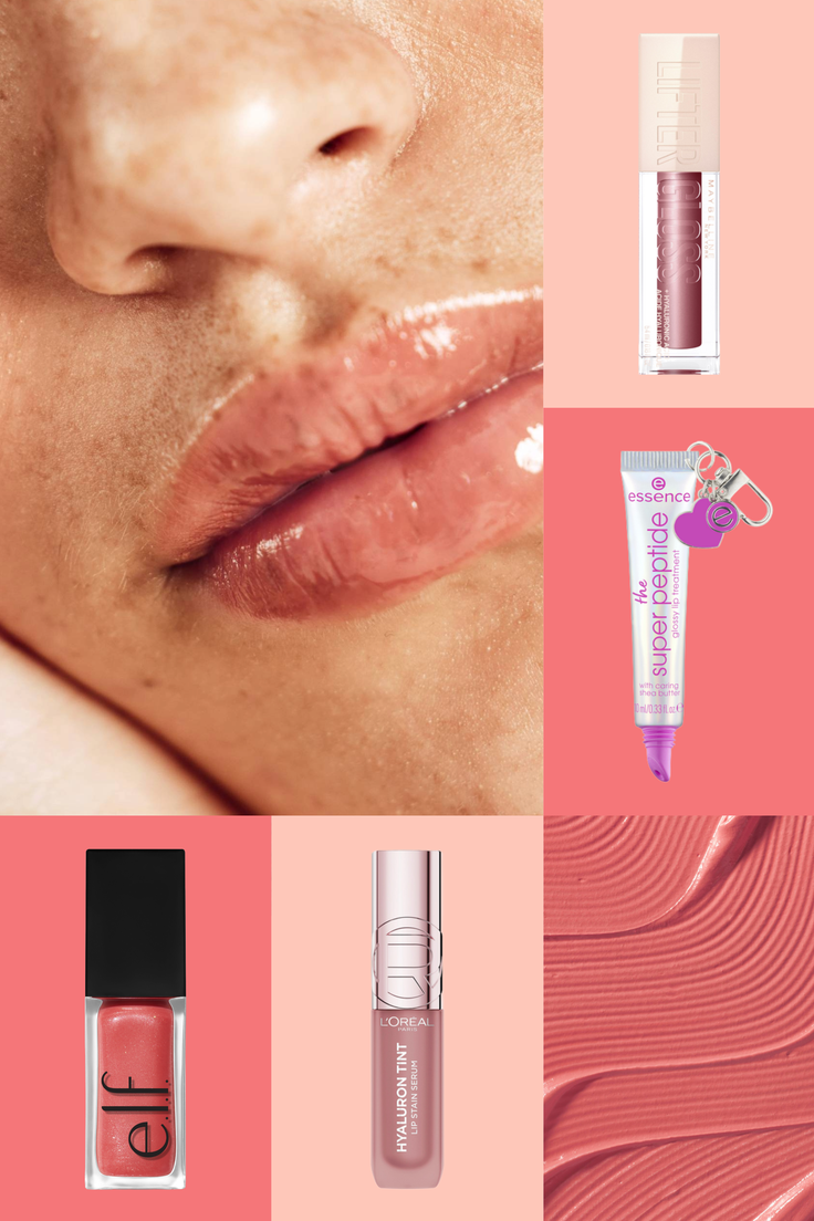 Produktraster mit Nahaufnahme glänzend gepflegter Lippen, mehreren Treat & Tint Lippenprodukten von Maybelline, essence, e.l.f. und L’Oréal sowie einer rosigen Textur, das verschiedene Optionen für pflegende Lippenfarbe zeigt.