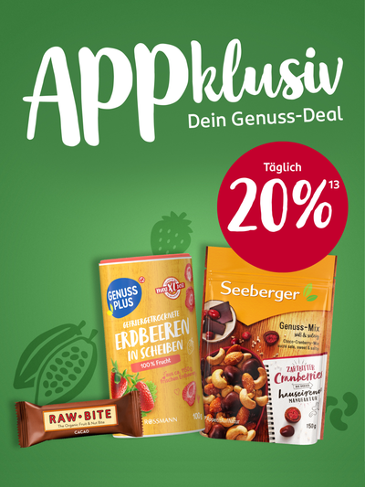 APPklusiv Genuss-Deal mit täglich 20 Prozent Rabatt auf gefriergetrocknete Erdbeeren, Genuss-Mix und Raw Bite Cacao Riegel