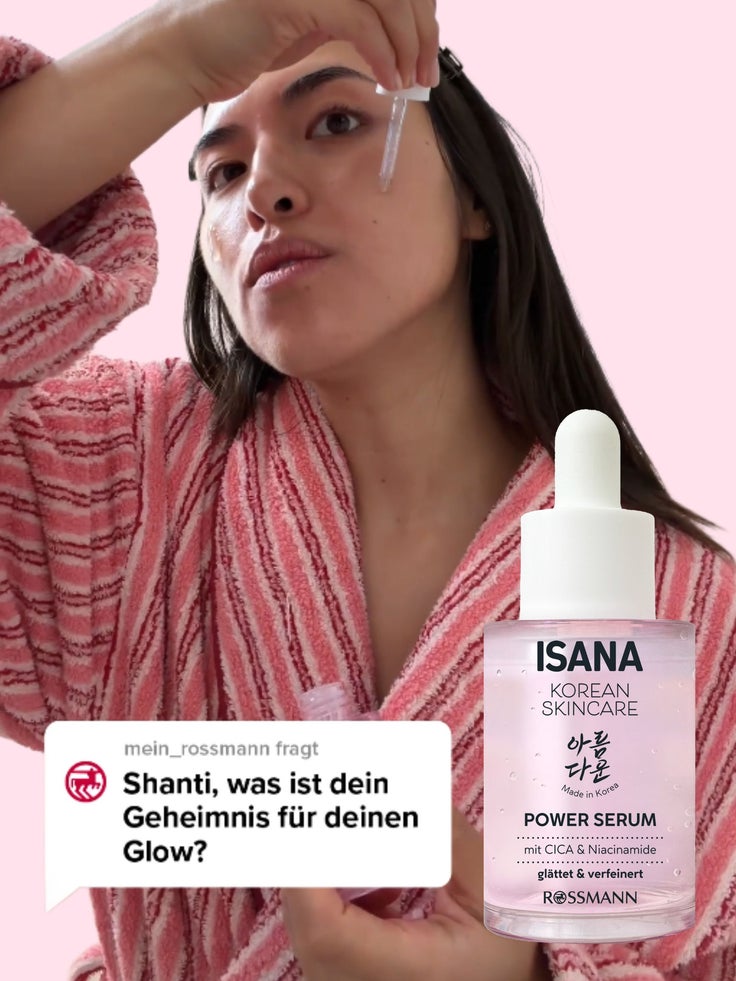 Abgebildet ist eine Frau und Beispielprodukte der ISANA Korean Skincare Linie