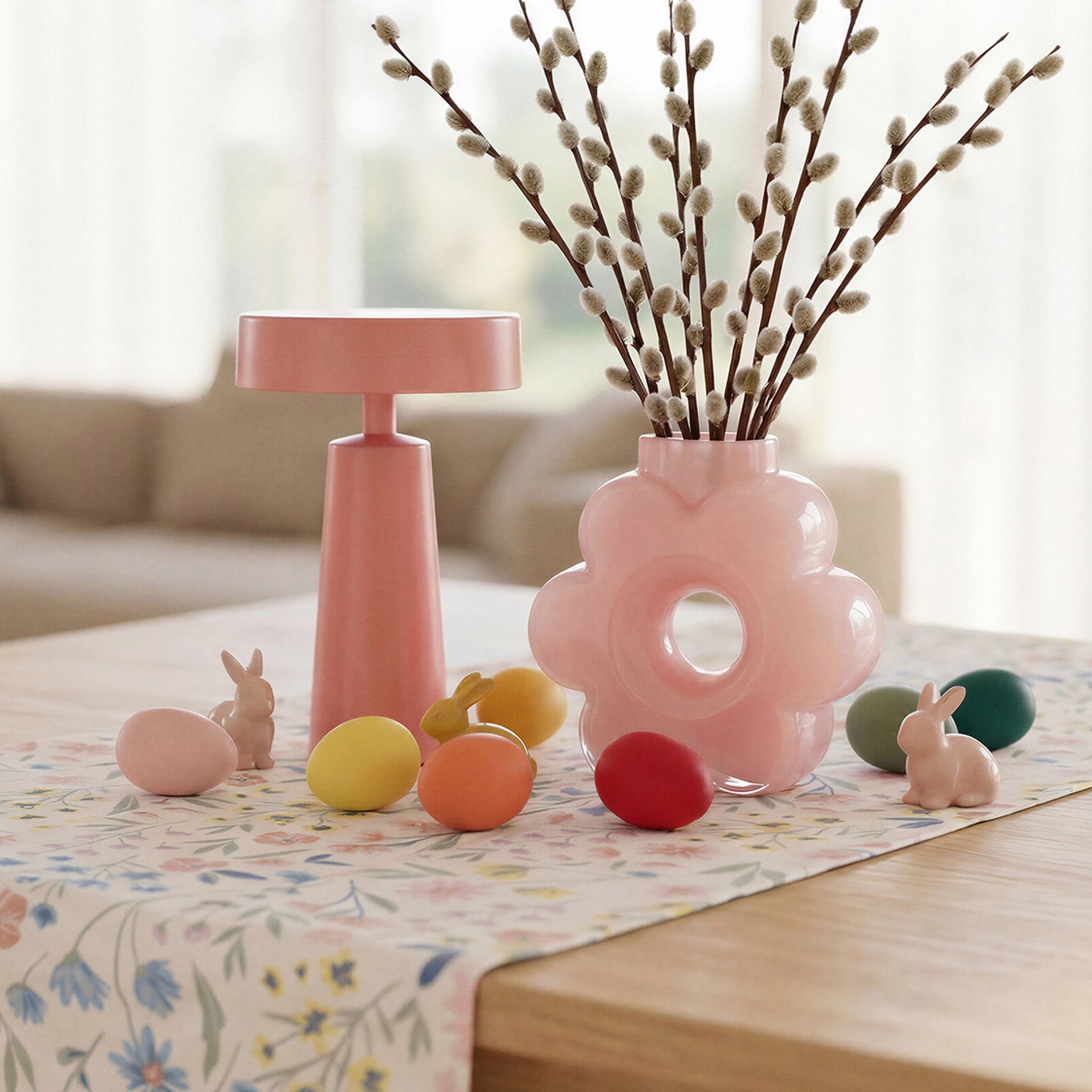 Gedeckter Tisch mit einem Tischläufer, auf dem Beispielprodukte für frühlingshafte Deko steht