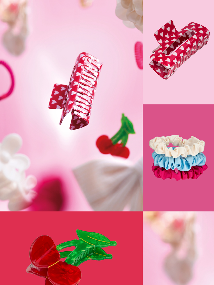 Abgebildet sind Beispielprodukte aus dem Bereich Haarspangen und Haargummis