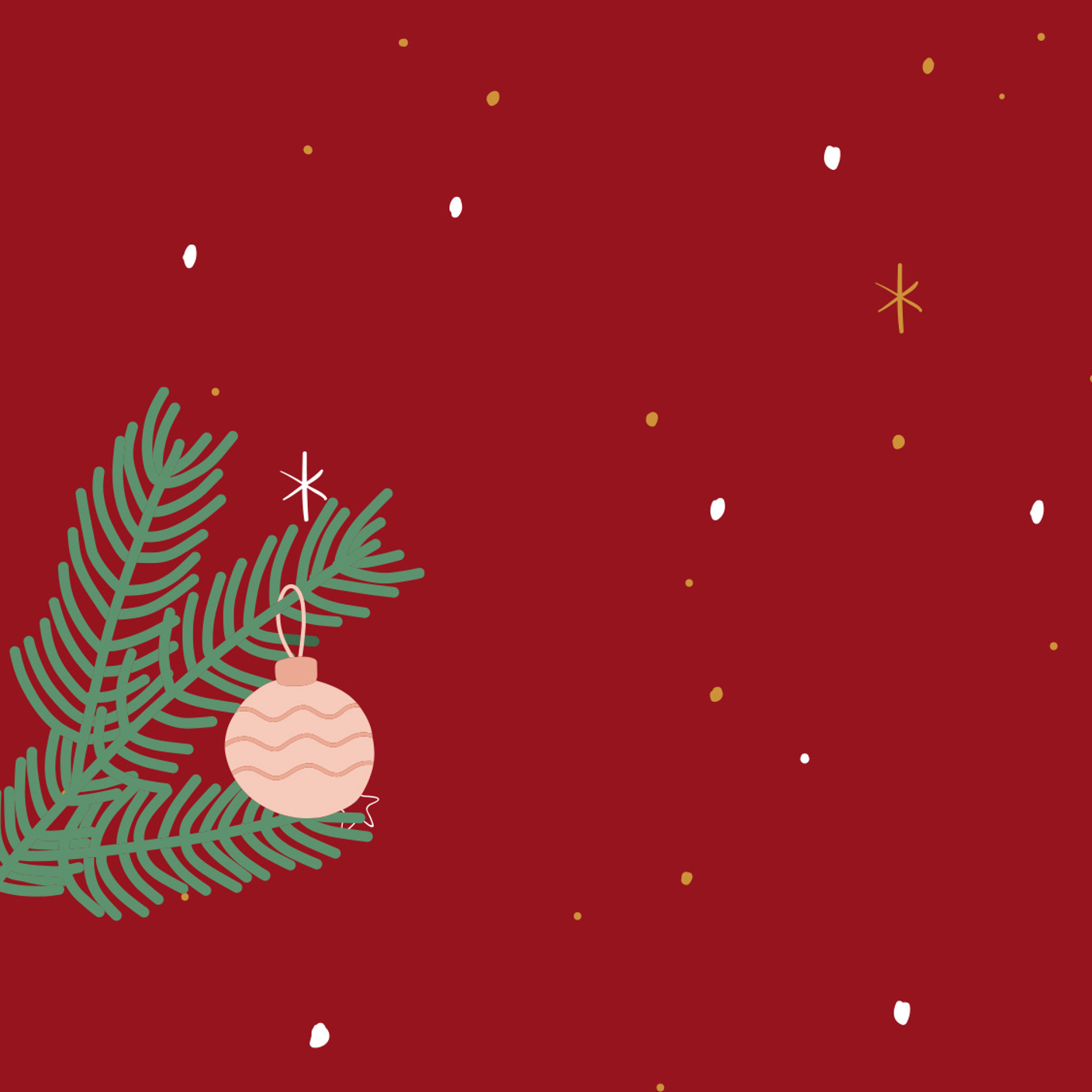 Ein roter weihnachtlicher Hintergrund mit einem Tannenzweig und einer Christbaumkugel.