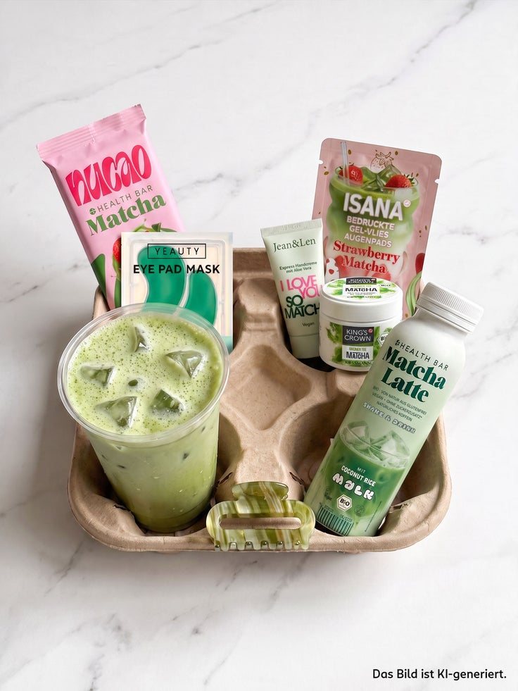 Grüner Matcha-Latte mit Eiswürfeln neben Matcha-Snacks, Beauty-Produkten und Haarspange in einer Pappschale auf weißem Marmortisch.
