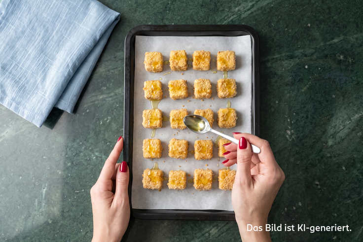 Sesam Tofu Nuggets werden auf einem Backblech mit Bratöl beträufelt.