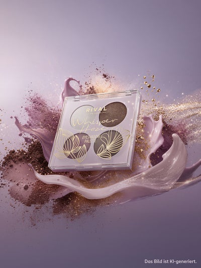 RIVAL DE LOOP Whisper Haze Eyeshadow Palette mit vier Lidschattenfarben in Rosé- und Brauntönen, umgeben von violetter Flüssigkeit und goldfarbenem Glitzer
