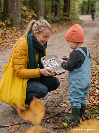 Frau und Kleinkind sammeln gemeinsam Herbst-Naturmaterialien wie Kastanien, Eicheln und Blätter in einer beschrifteten Sammelbox auf einem Waldweg