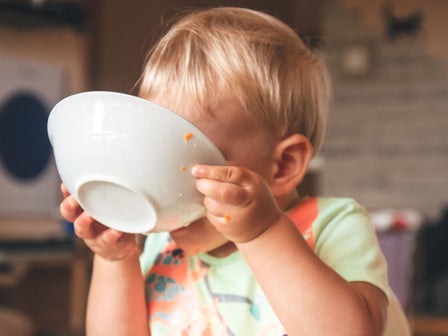 Kleinkind hält eine große Schüssel beim Essen vor das Gesicht