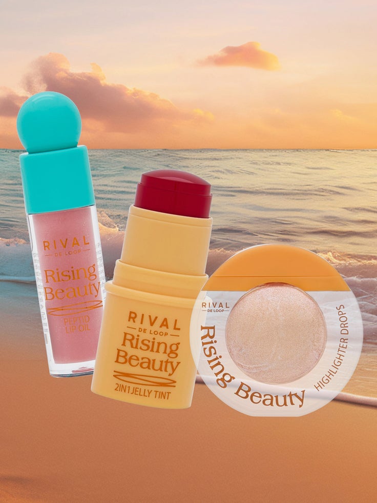 Abbildung eines Strandes mit Sonnenuntergang und Beispielprodukte der limitierten Edition "Rising Beauty"