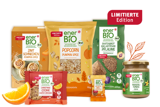enerBIO Herbstsortiment in limitierter Edition mit Pumpkin-Spice-Zimtschnecken, Popcorn, Saatenbrot, Cookies, Proteinball und Mandel-Tonka-Creme