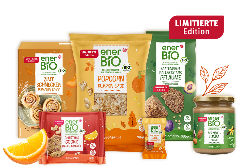 enerBIO Herbstsortiment in limitierter Edition mit Pumpkin-Spice-Zimtschnecken, Popcorn, Saatenbrot, Cookies, Proteinball und Mandel-Tonka-Creme
